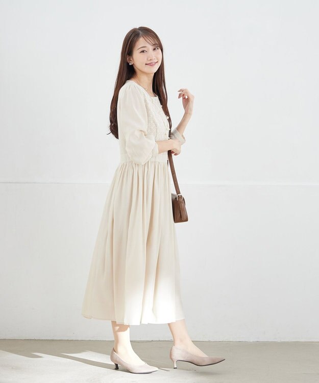 Tiaclasse 【洗える】レース切替ワンピース ライトベージュ