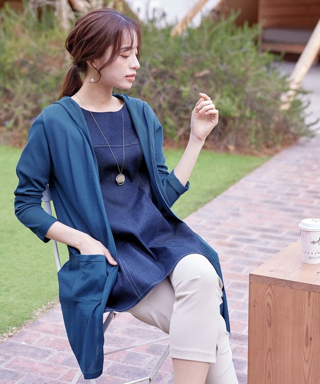 Tiaclasse L 【洗える新色追加・洗える】サマーニットフードロングカーディガン ブルー