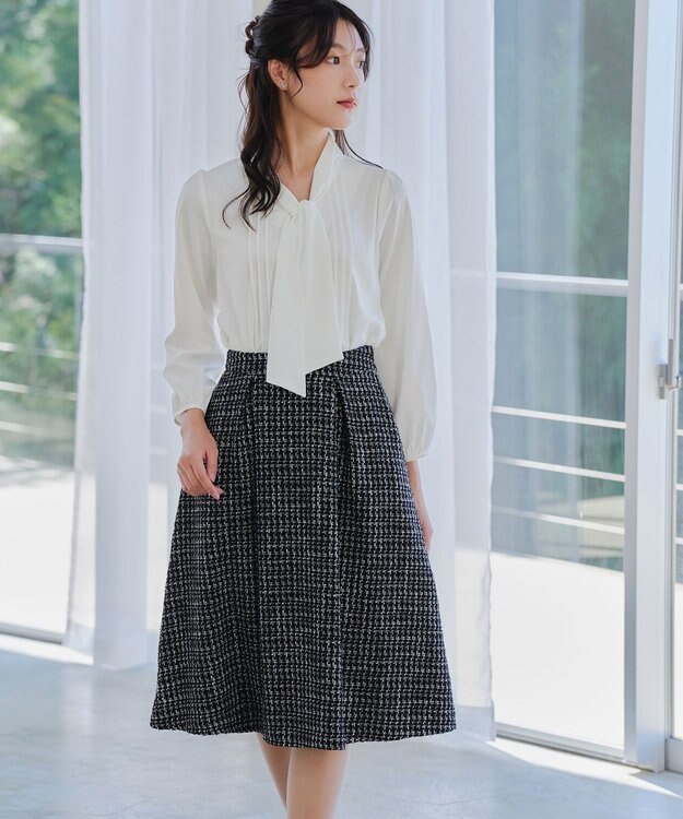 Tiaclasse 【洗える】ツイードタックフレアスカート ブラック