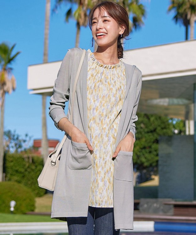 Tiaclasse L 【洗える新色追加・洗える】サマーニットフードロングカーディガン グレー