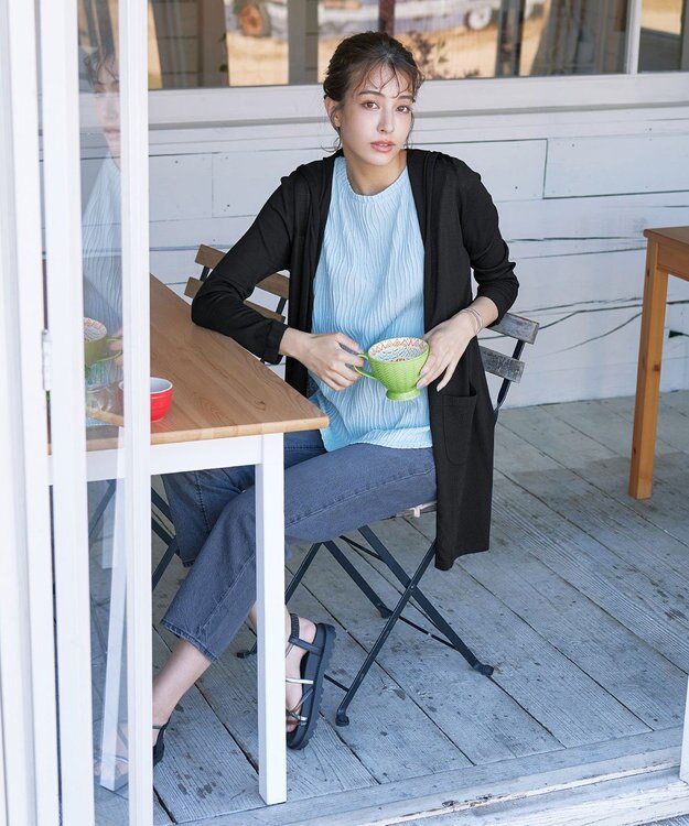 Tiaclasse L 【洗える新色追加・洗える】サマーニットフードロングカーディガン ブラック