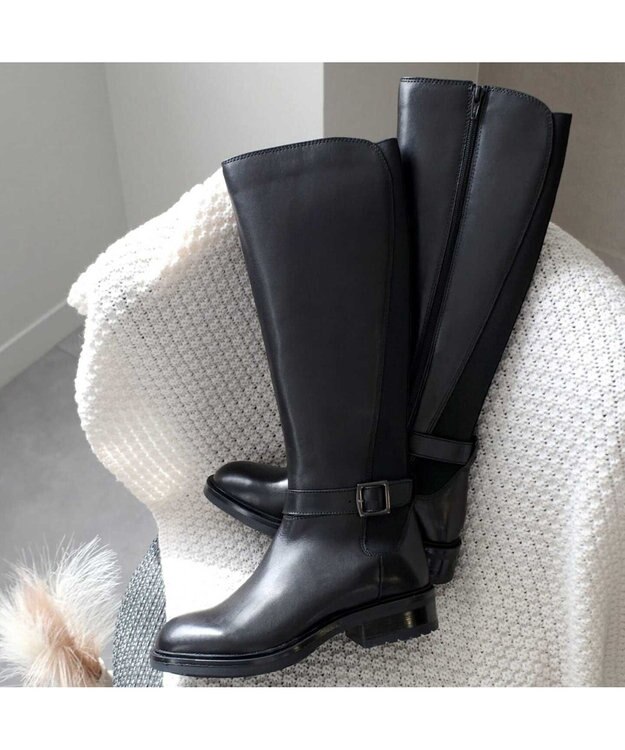 Pointer 本革ベルトデザイン 裏起毛 ロングブーツ ブラック