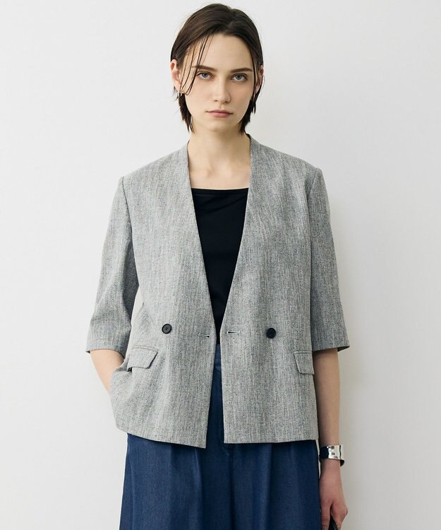 ICB L ストレッチMIXツイード 半袖ジャケット ブラックミックス