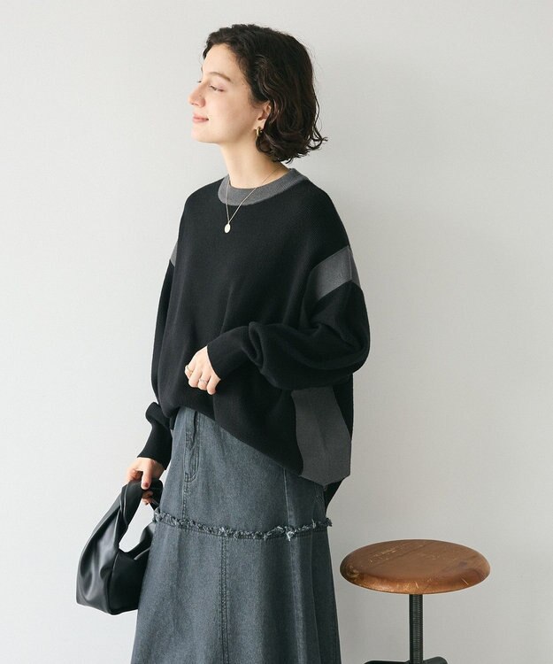 CRAFT STANDARD BOUTIQUE 洗える/とてもち配色ニットプルオーバー/24AW Black