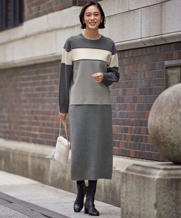 自由区 L 【カタログ掲載・洗える】モールコンビ ニット  ダークグレー×ベージュ