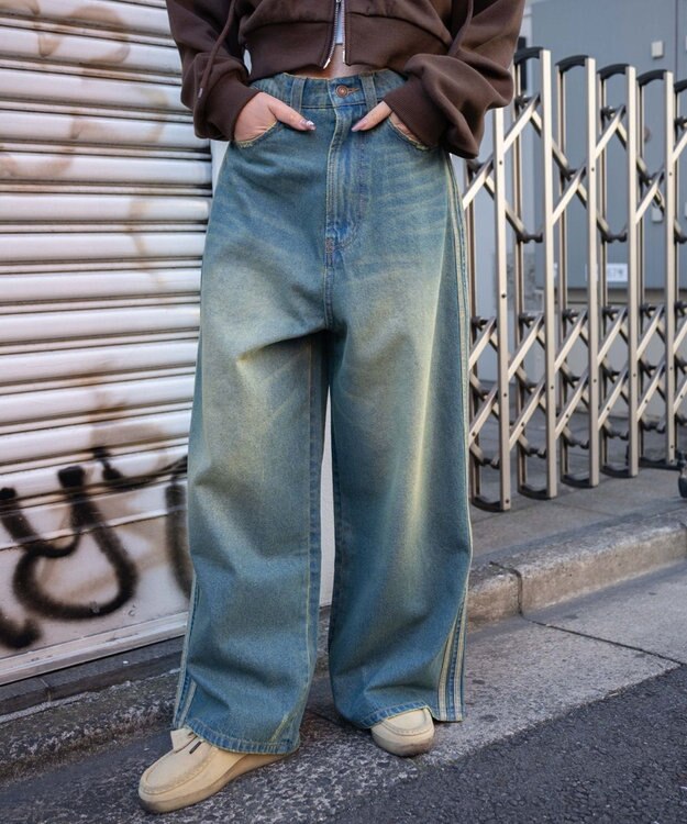 WEGO サイドラインワイドデニムパンツ デニム中濃加工色