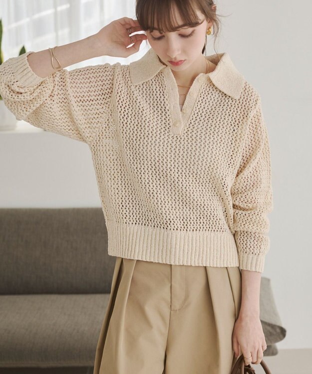 WEGO 【ANGIE VINTAGE】MIXメッシュポロニット ホワイトアイボリー