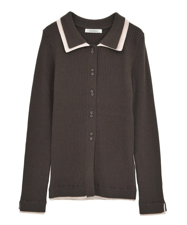 Green Parks 配色レイヤードポロリブニットカーディガン Brown