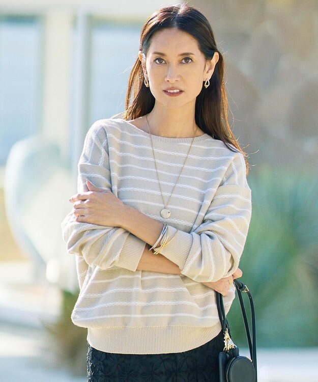 自由区 【ベーシック・着回し抜群】コットンポリミドルゲージボーダー ニット ベージュ×オフ