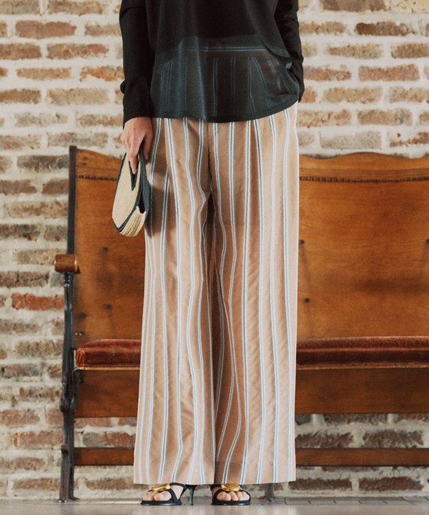 ICB サッカードビーストライプ ワイドパンツ アプリコットベージュストライプ