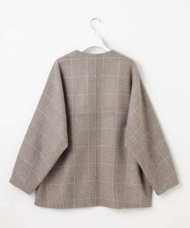 自由区 L 【17号サイズまで展開・カタログ掲載】ウールリバーチェック柄ノーカラー コート モカチェック