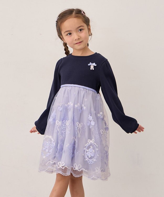 ANY KIDS バレエ刺繍チュールワンピース ネイビー×サックスブルー
