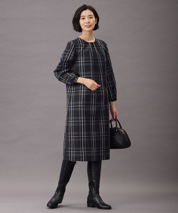 J.PRESS LADIES 【洗える】2/2綾 メモリーチェック ワンピース ブラック系3