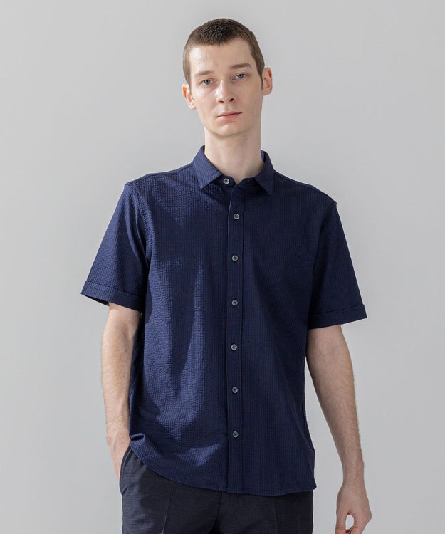 JOSEPH HOMME 【WEB・一部店舗限定】 ドライサッカーストレッチ　半袖レギュラーカラーシャツ ネイビー系