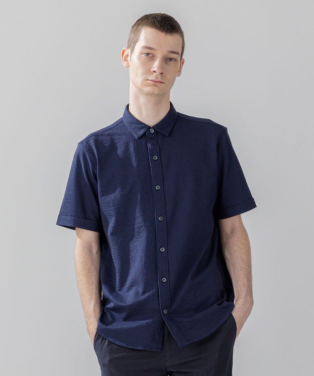 JOSEPH HOMME 【WEB・一部店舗限定】 ドライサッカーストレッチ　半袖レギュラーカラーシャツ ネイビー系