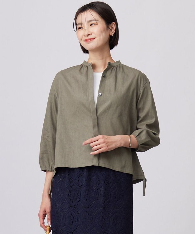 J.PRESS LADIES 【洗える・接触冷感・吸水速乾】麻SOLID バンドカラー シャツ ブラウス カーキ系