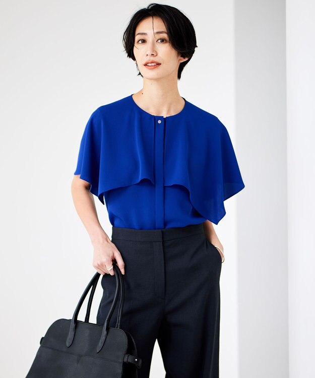 ICB 【UVカット・接触冷感・防シワ・洗える】エステルダブルクロス ハンカチーフスリーブブラウス ロイヤルブルー系