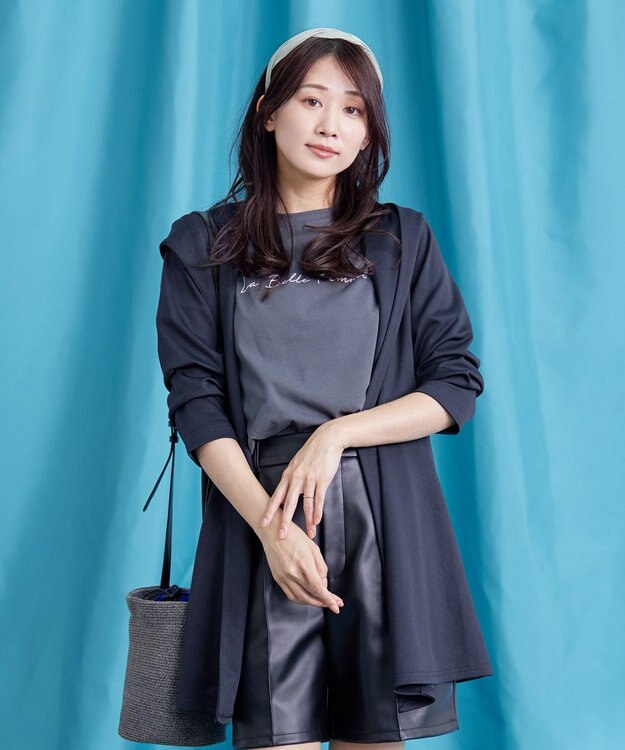 Tiaclasse L 【洗える】ポンチフードカーディガン ネイビー