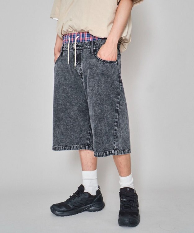 WEGO 【ユニセックス着用ITEM/MLサイズ展開/ウエストゴム】ボクサードッキングデニムショーツ デニムブラック