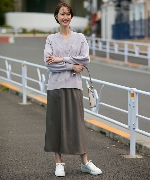 自由区 【XSサイズ～/洗える】コットンブレンドコード Vネックニット ライラック系