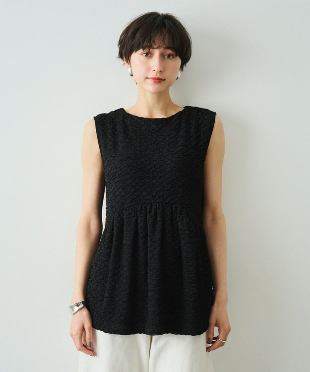 #Newans 【金子綾さんインスタライブご紹介アイテム】（セットアップ可能）ふくれジャガード ペプラムブラウス ブラック