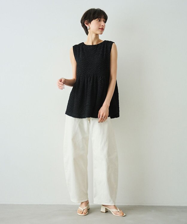 #Newans 【金子綾さんインスタライブご紹介アイテム】（セットアップ可能）ふくれジャガード ペプラムブラウス ブラック