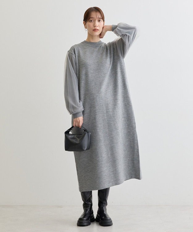 Green Parks 杢グレー袖チュールニットワンピース Gray Mixture