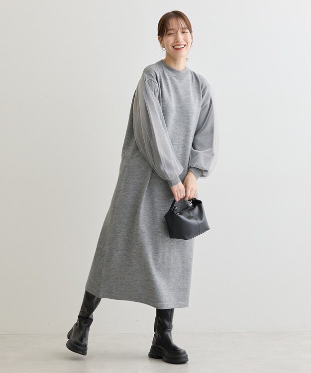 Green Parks 杢グレー袖チュールニットワンピース Gray Mixture