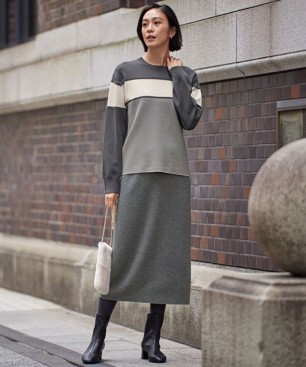 自由区 L 【カタログ掲載・洗える】モールコンビ ニット  ダークグレー×ベージュ