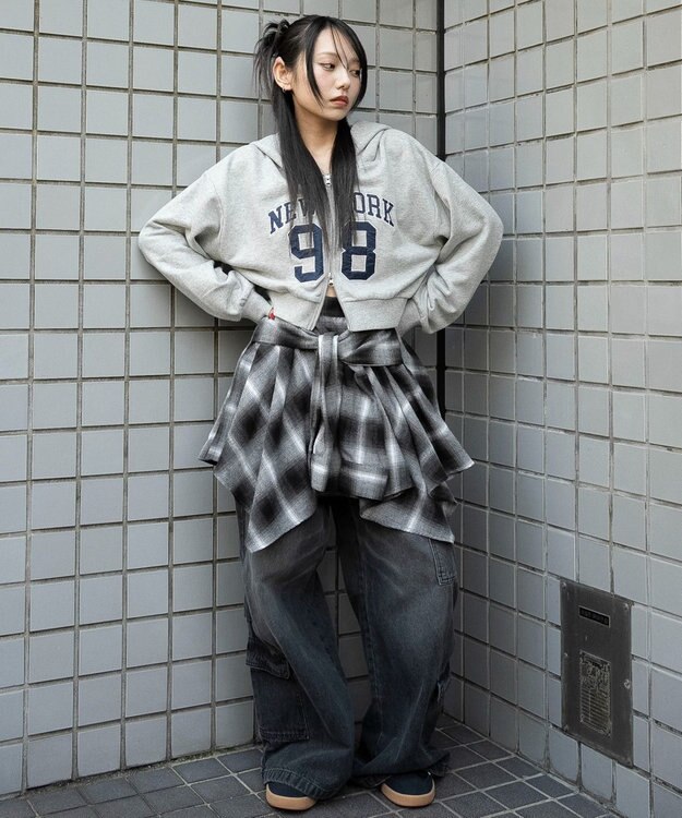 WEGO グラフィックショートZIPパーカー 杢グレー