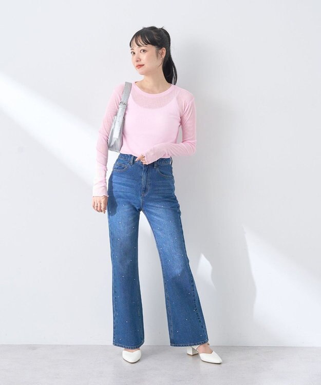 earth music&ecology ラインストーンフレアデニムパンツ Medium Indigo