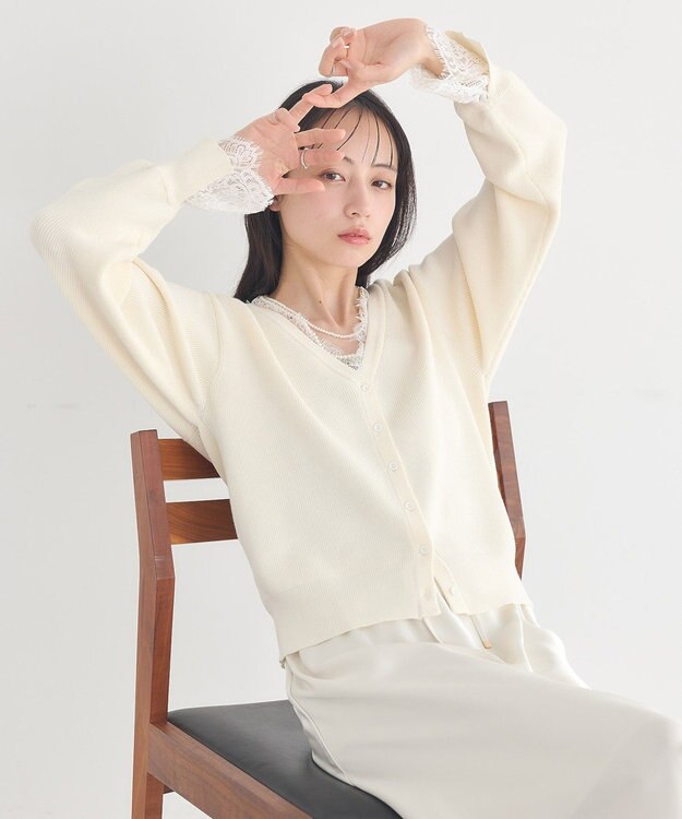 earth music&ecology レーストリムカーディガン Off White