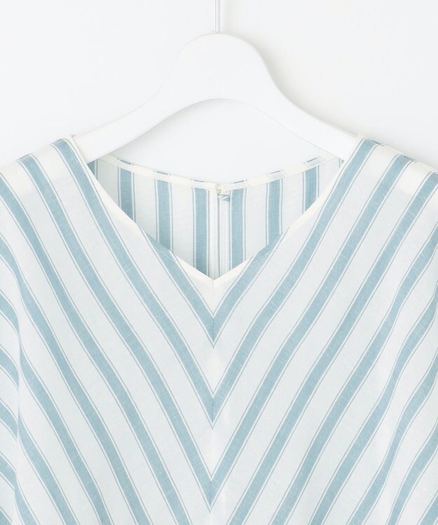 自由区 L 【洗える】テンセルリネンリボン ブラウス オフ×ブルーストライプ