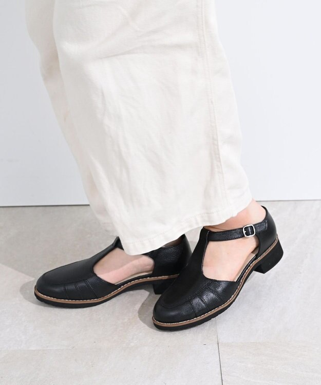 Pointer 本革 通気性Tストラップパンプス ブラック