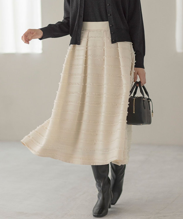 組曲 【WEB限定】ボーダーカットジャカード フレアスカート アイボリー系