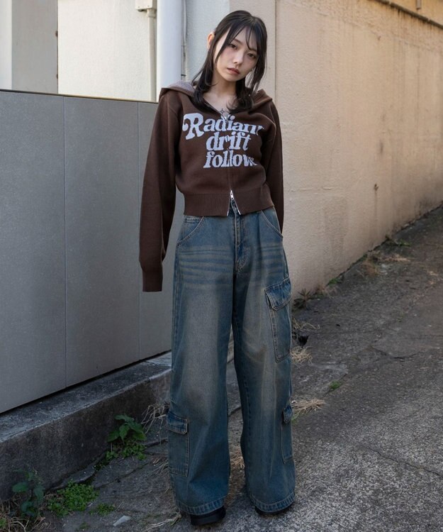 WEGO グラフィックジャガードニットZIPパーカー ブラウン