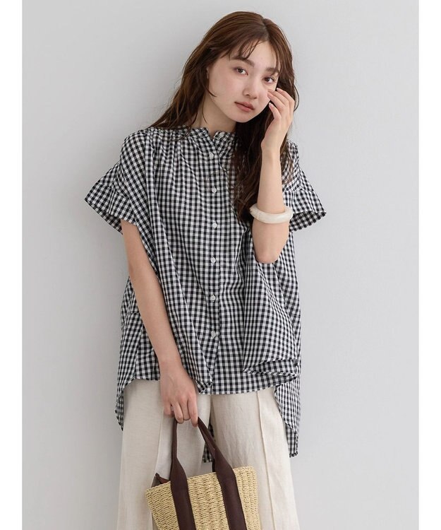 AMERICAN HOLIC フレンチスリーブバック切替シャツ Check Black