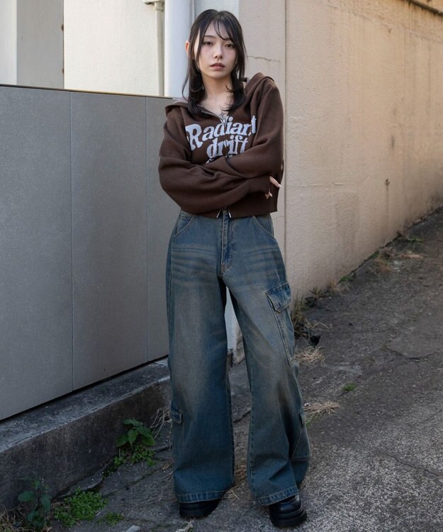 WEGO グラフィックジャガードニットZIPパーカー ブラウン