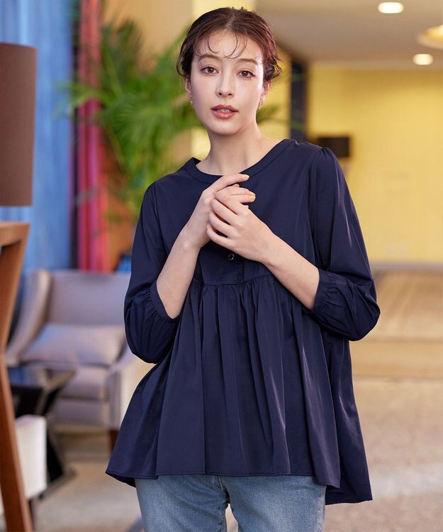 Tiaclasse L 【洗える】レーヨンツイルギャザーブラウス ネイビー