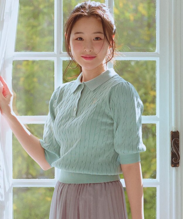 Feroux 胸元刺繍ケーブルポロ ニット ライトグリーン系