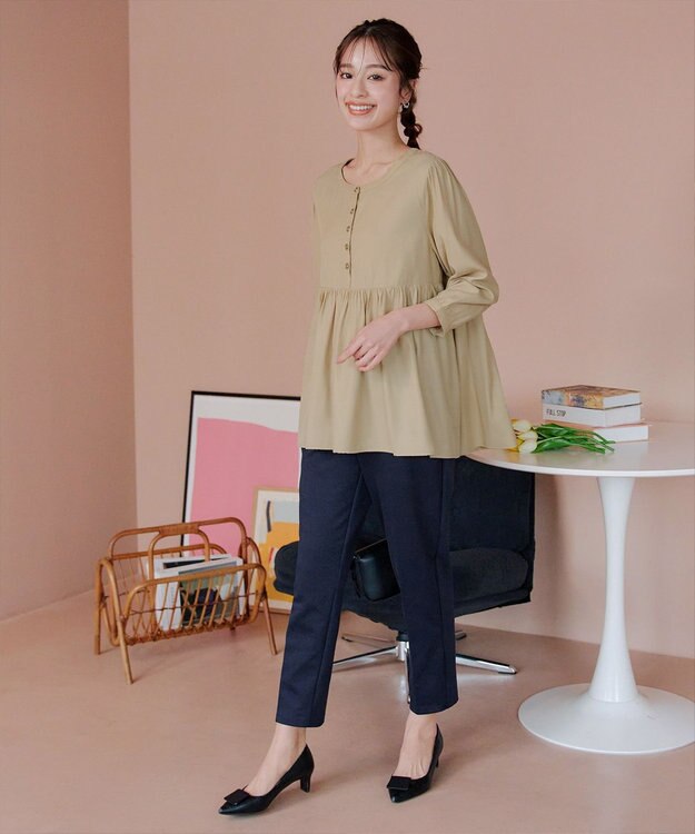 Tiaclasse L 【洗える】レーヨンツイルギャザーブラウス ベージュ