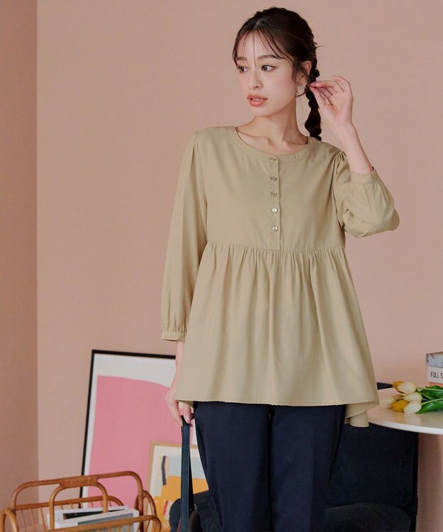 Tiaclasse L 【洗える】レーヨンツイルギャザーブラウス ベージュ