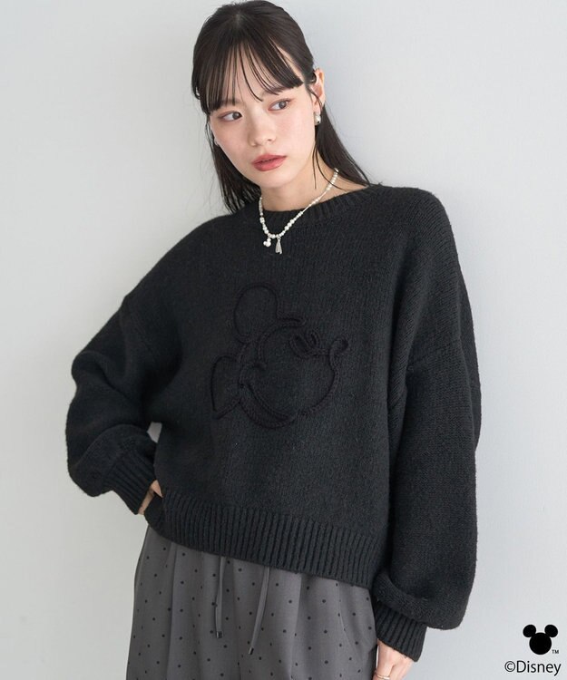 earth music&ecology 【予約】Disney/ミッキーコード刺繍ニットプルオーバー ブラック