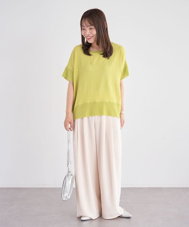 Green Parks シアーリブ切替楊柳プルオーバー Lime Green