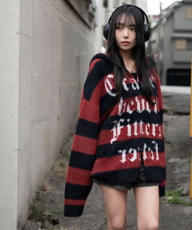 WEGO シャギーグラフィックZIPパーカー レッドボーダー