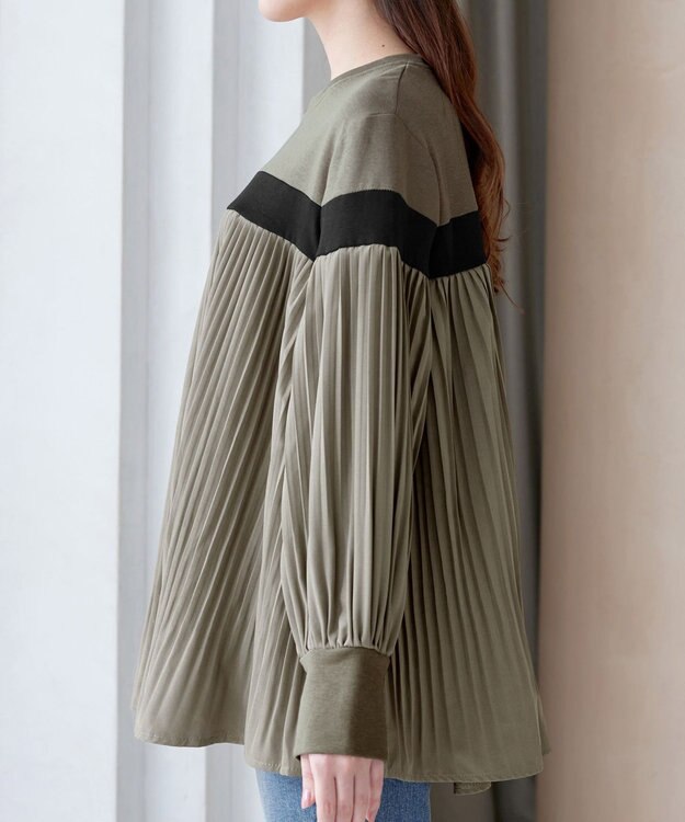 Tiaclasse 配色ラインプリーツプルオーバー カーキ