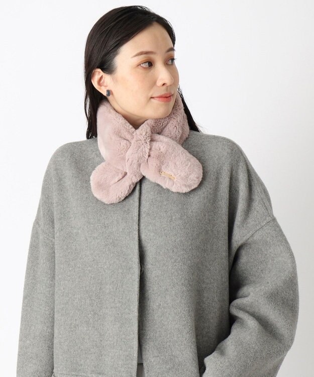 MOONBAT FURLA ファーティペット 差し込み ロゴプレート付 フェイクファーマフラー ローズピンク