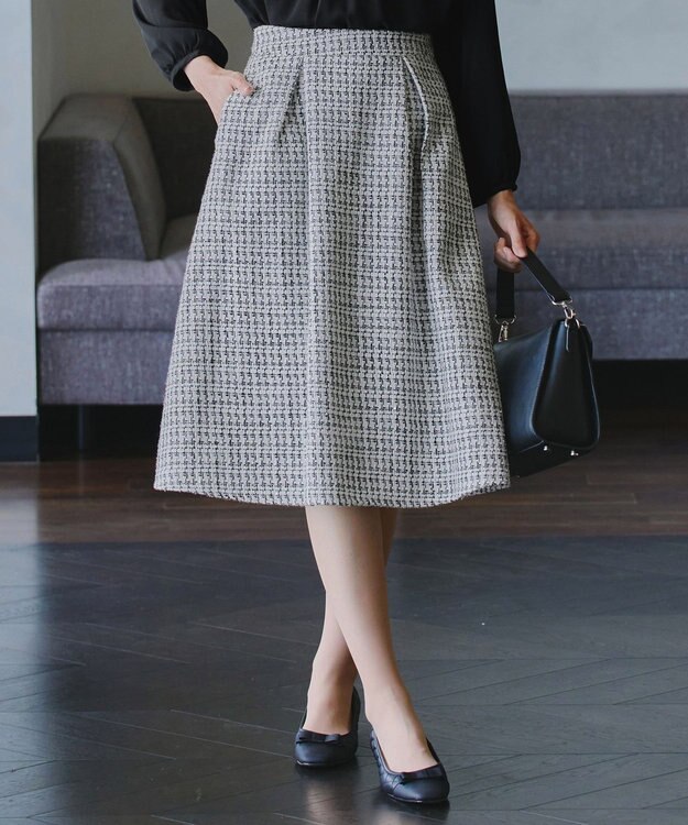 Tiaclasse 【洗える】ツイードタックフレアスカート ホワイト