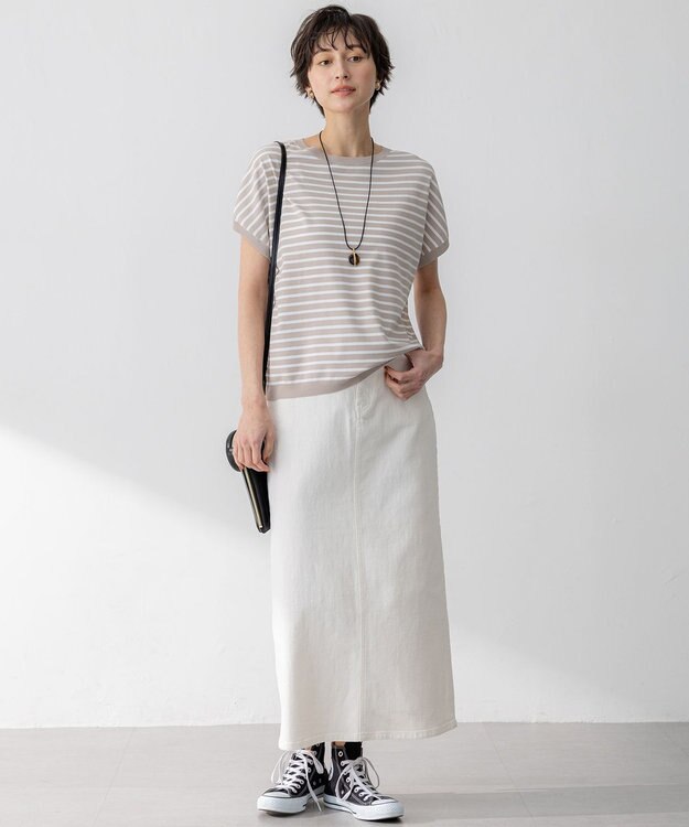 23区 L 【新色追加/洗える】レーヨンポリエステルストレッチ プルオーバー ニット ベージュ×オフ