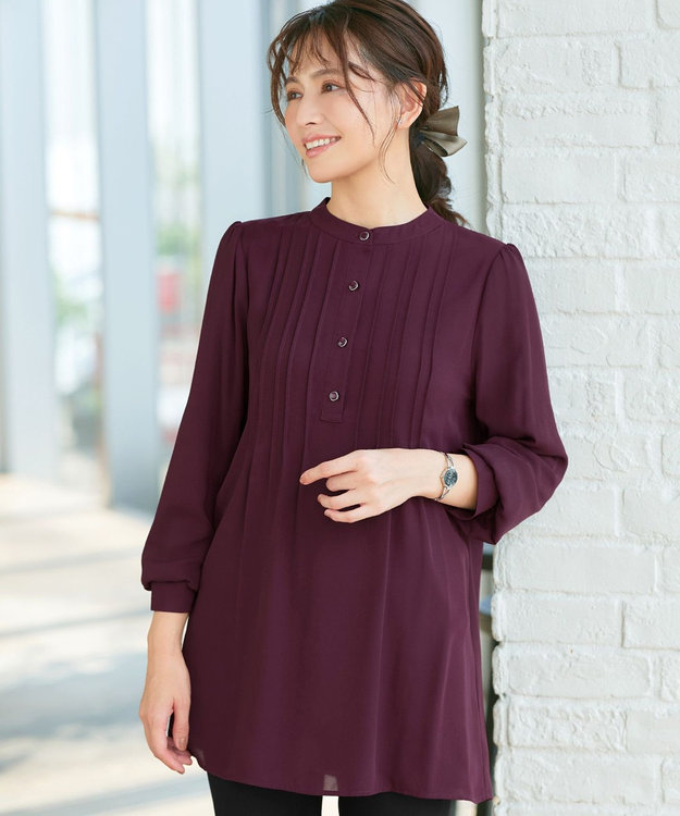 Tiaclasse 【スマート裏起毛・新色追加】 ピンタックシャツチュニック ボルドー